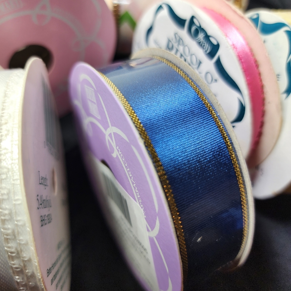 Vintage Colorful Ribbon Set with Chevron Pattern Gold Trim, 8 Spools - Picture 9 of 10